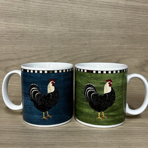 2 Warren Kimble Rooster Mug by Sakura, NY Vtg 1999 Stoneware two Mugs Farmhouse - Picture 1 of 4